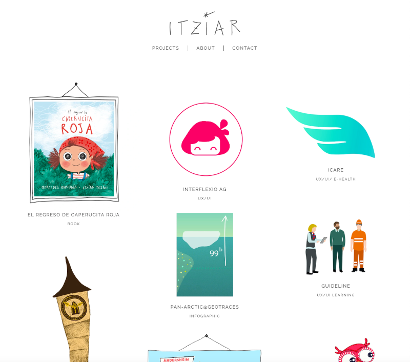 Übersicht Webseite von Itziar Tesan. Portfolio mit Aufstellung verschiedener Projekte auf weissem Hintergrund.